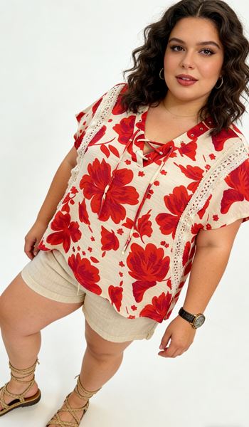 Immagine di LOOSE VISCOSE BLOUSE LACE UP COLLAR, PERFECT FOR SUMMER